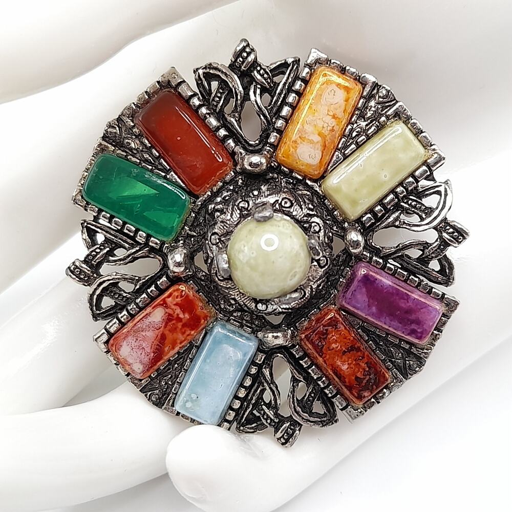 Vintage Celtic Scottish Faux Agate Brooch, Silver Tone, 2"